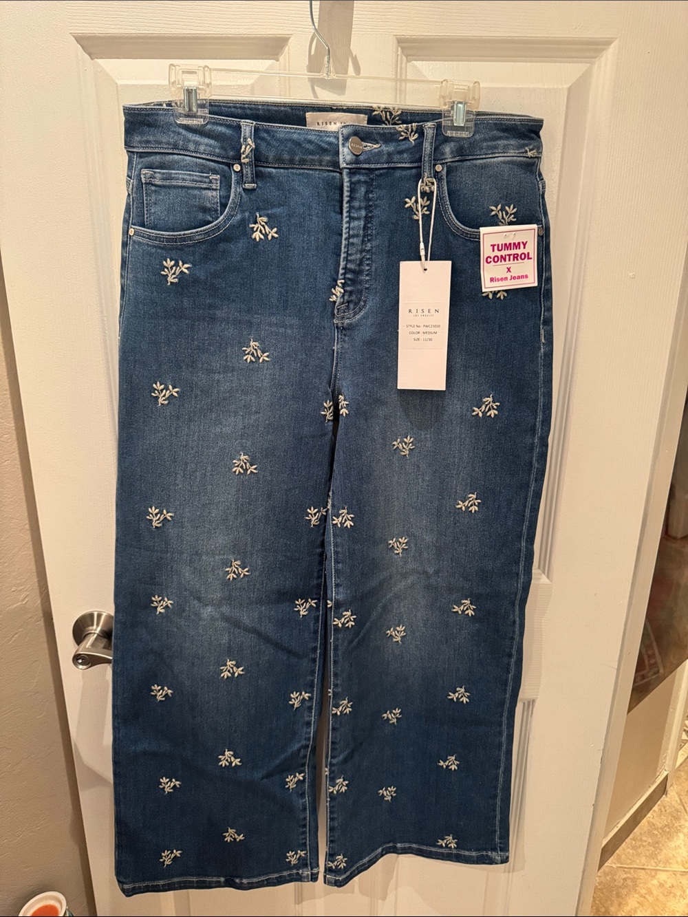 Risen LA wide-Leg Embroidered Jeans in Medium Blue — with Tummy Control